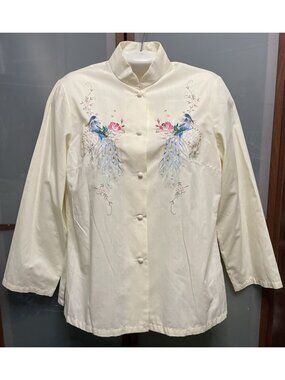Plum Blossom Vintage 70s Peacock Embroidered XL Mandarin Collar Blouse Tunic Top